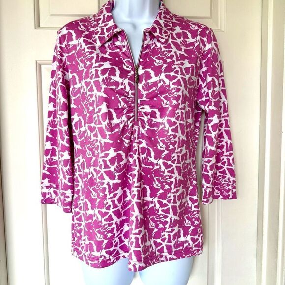 NWOT Sport Haley Women’s Pink Print 1/4 Zip Collared Sports Long Sleeve Top - Picture 1 of 16